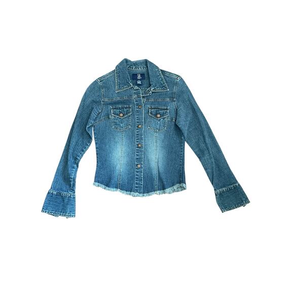 1990s VTG So... Dark Wash Faded Raw Hem Fitted Blue Jean Denim Jacket Medium - Picture 1 of 5